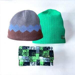 Bula Beanies and Neck Warmer Bundle, Boy’s Size 6-8 years, Brown, Green